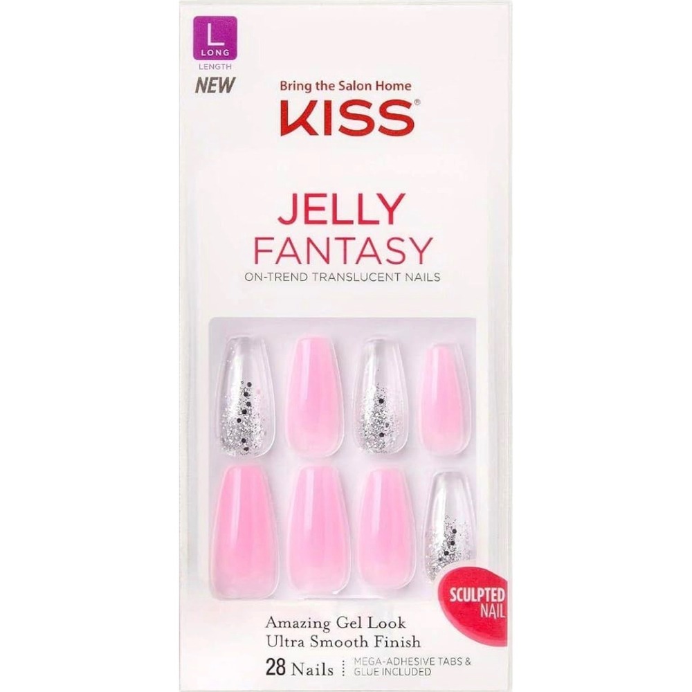 KISS Jelly Fantasy Sculpted Nails Pink Ombre Silver Glitter Long KGFJ102S 28ct